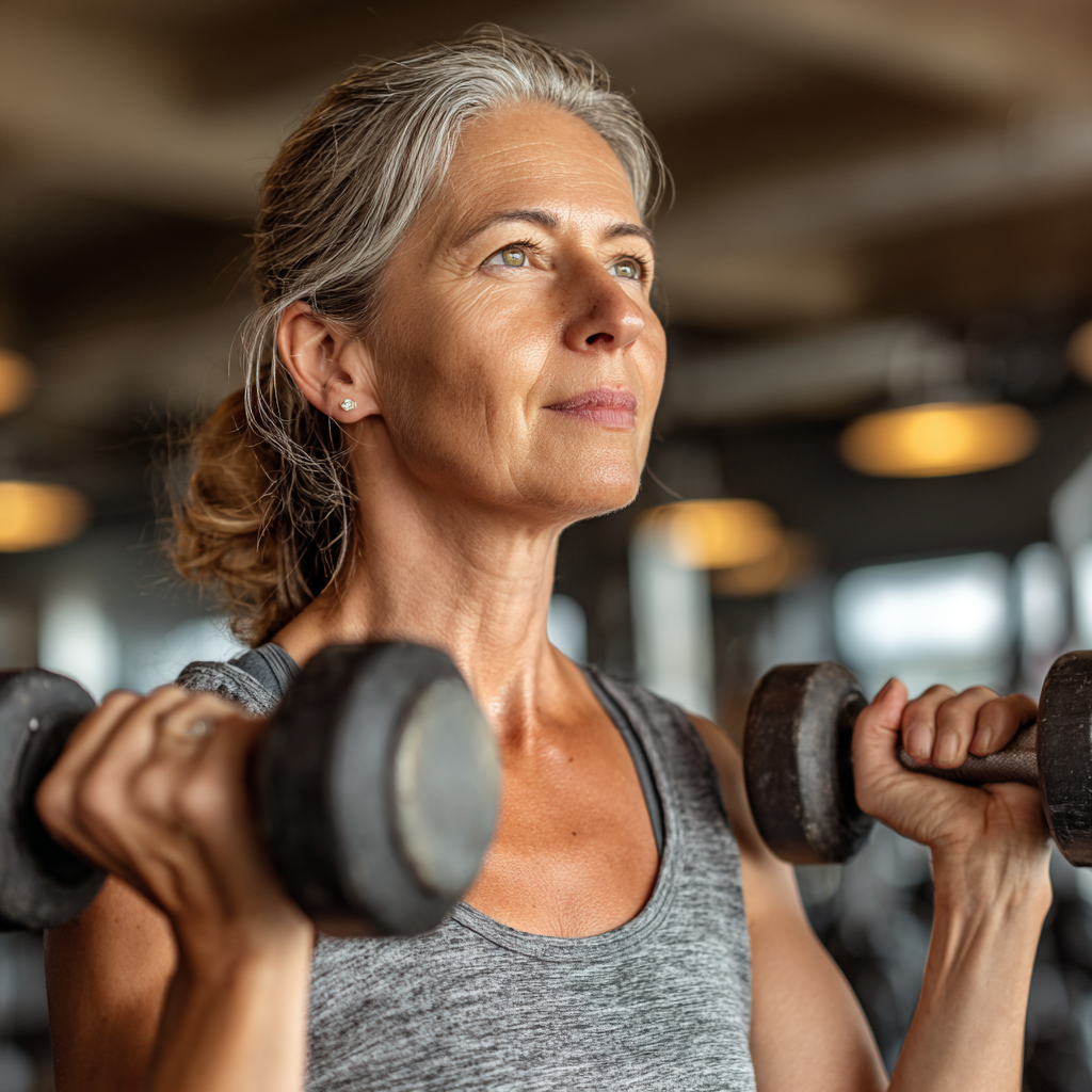 Mature woman in her 50s performing strength training exercises with dumbbells in a well-equipped fitness center, showing proper form and determination