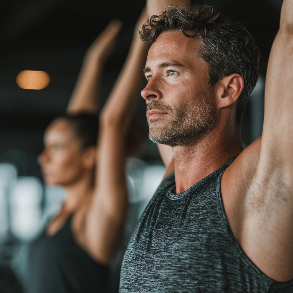 Professional fitness trainer in their 40s demonstrating proper exercise form in a modern gym, wearing athletic clothing and showing confident posture